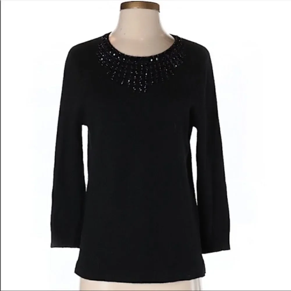J. Crew | Black Jeweled Starburst Pullover Crew Neck Wool Blend Sweater | S